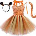 IWEMEK Girls Tiger Cosplay Costume 3pcs with Tiger Ears Headband Tiger Tail Animal Fancy Costume Kit Halloween Cosplay Birthday Party Outfits Baby Girl Jungle Themed Cosplay Dress Tiger 5-6 Years