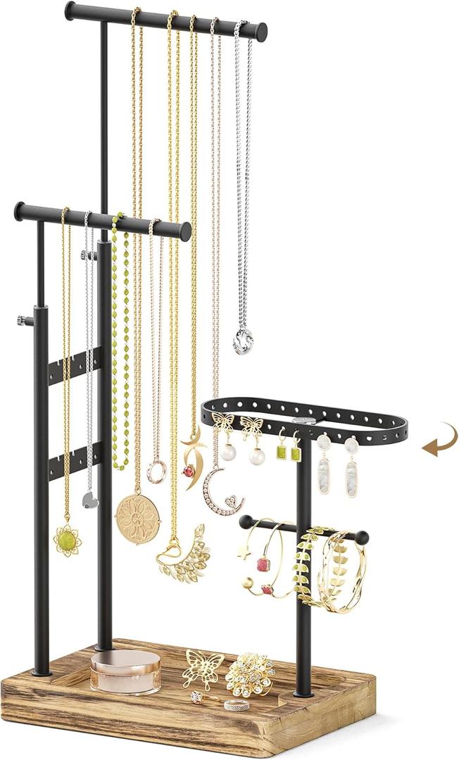Alsonerbay Jewelry Organizer Stand, Necklace Holder Stand with Height Adjustable Design, Rotatable Jewelry Holder for Long Necklaces, Earrings, Jewlery Display and Storage (Carbonized Black and Black)
