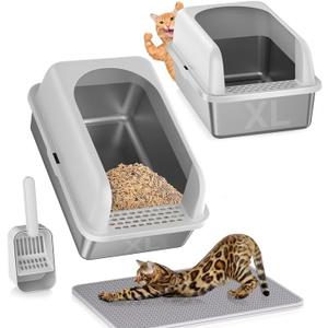 2 Pack Stainless Steel Litter Box, 24'' XL Extra Large Cat Litter Box with Lid, Metal Litter Boxes for Multiple Cats, Anti-Leakage,Non-Stick, Easy to Clean, Included Cat Litter Mat, Scoop