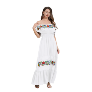 Mexican Dress for Women Floral Embroidery Maxi Off-Shoulder Ruffle Sleeveless Traditional Fiesta Dresses, XL