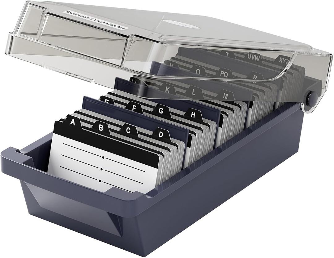 MaxGear Business Card Holder Desk, Large Plastic Business Card Organizer Box with Lid, Credit Cards Holder File Storage Case for Office & Home, Holds 500 3.5 x 2.2 Cards with A-Z Index Tabs, Gray