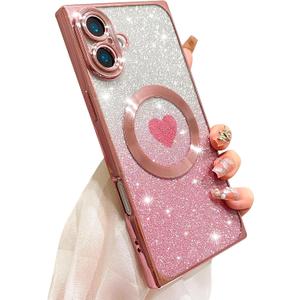 SAKUULO Case for iPhone 16 Plus 6.7 inch Cute Plating Clear Case [Compatible with Magsafe] Plating Heart Glitter Soft TPU Shockproof Camera Protection Bumper Cover for iPhone 16 Plus, Pink