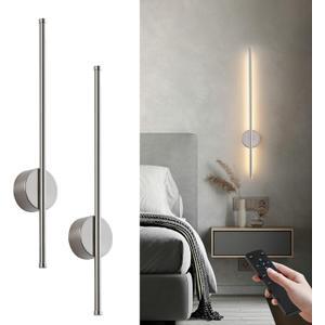 Battery Operated Modern Wall Sconces, Dimmable Wireless Wall Light Set of Two with Remote Control, 3 Color Temperatures, Rechargeable LED Wall Sconce for Bedroom, Living Room,Hallway, 23.6 Inch Nickle