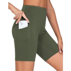 THE GYM PEOPLE Women's High Waist Workout Shorts 8"/5"/3" Stretchy Tummy Control Yoga Biker Running Shorts with Pockets (Green, L)