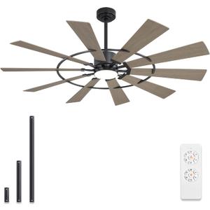 WINGBO 72" Windmill Ceiling Fan with Lights, 3 Downrod, 6-Speed Reversible DC Motor, 3CCT, 10 Blade Indoor Farmhouse DC Ceiling Fans for Kitchen Bedroom Living Room Patio, Matte Black and Grey