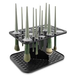 28 Holes Makeup Brush Holder,Makeup Brush Drying Rack Upside Down,Folding Makeup Brush Holder,Air Tree Tower Stand Organizer Comes with Mat (Black)