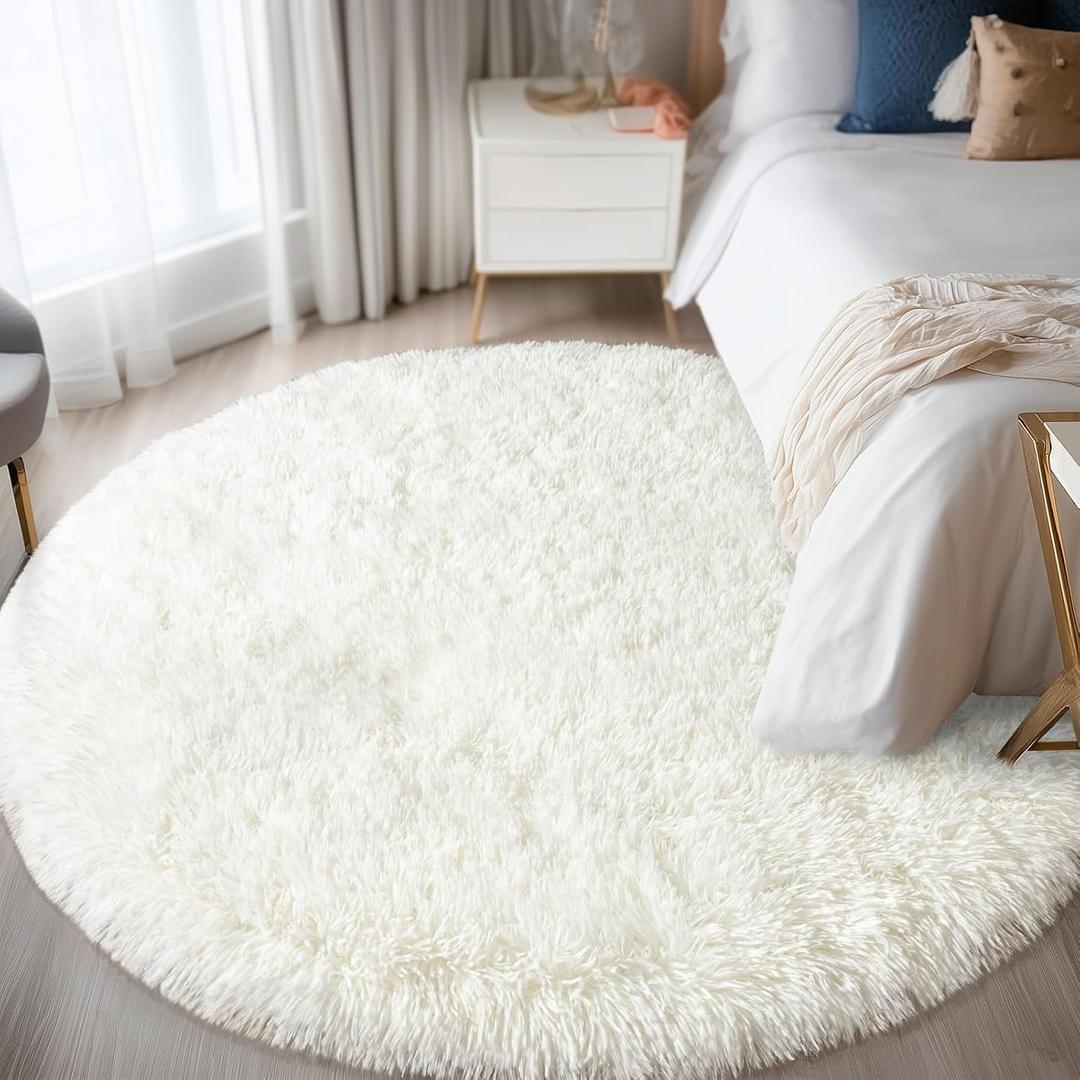 Round White Rug for Bedroom, 6 ft Circle Area Rugs for Living Room, Soft Fluffy Shag Carpet for Teen Girls Boys Nursery Room Dorm Home Decor Aesthetic