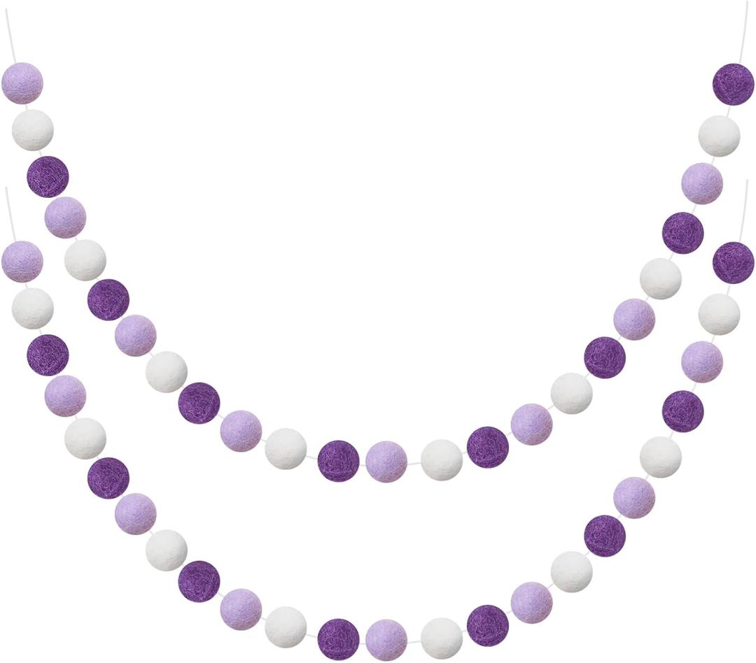 Boao 2 Pieces Wool Felt Ball Garland Colorful Pom Pom Garland Handmade 6.5 Feet Long 24 Balls Felt Banner for Wall Christmas Tree Decoration (Purple, White)