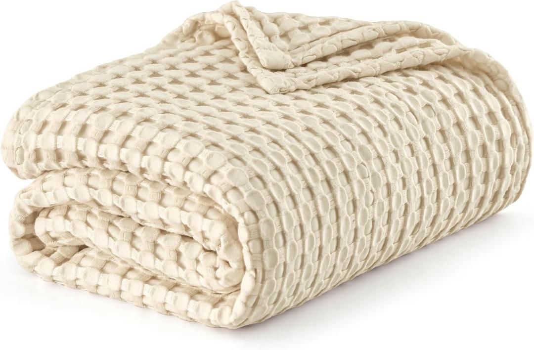 Bedsure Cooling Cotton Waffle King Size Blanket - Lightweight Breathable Summer Blanket of Rayon Derived from Bamboo for Hot Sleepers, Luxury Throws for Bed, Couch and Sofa, Beige, 104x90 Inches (King (104" x 90"), Beige)