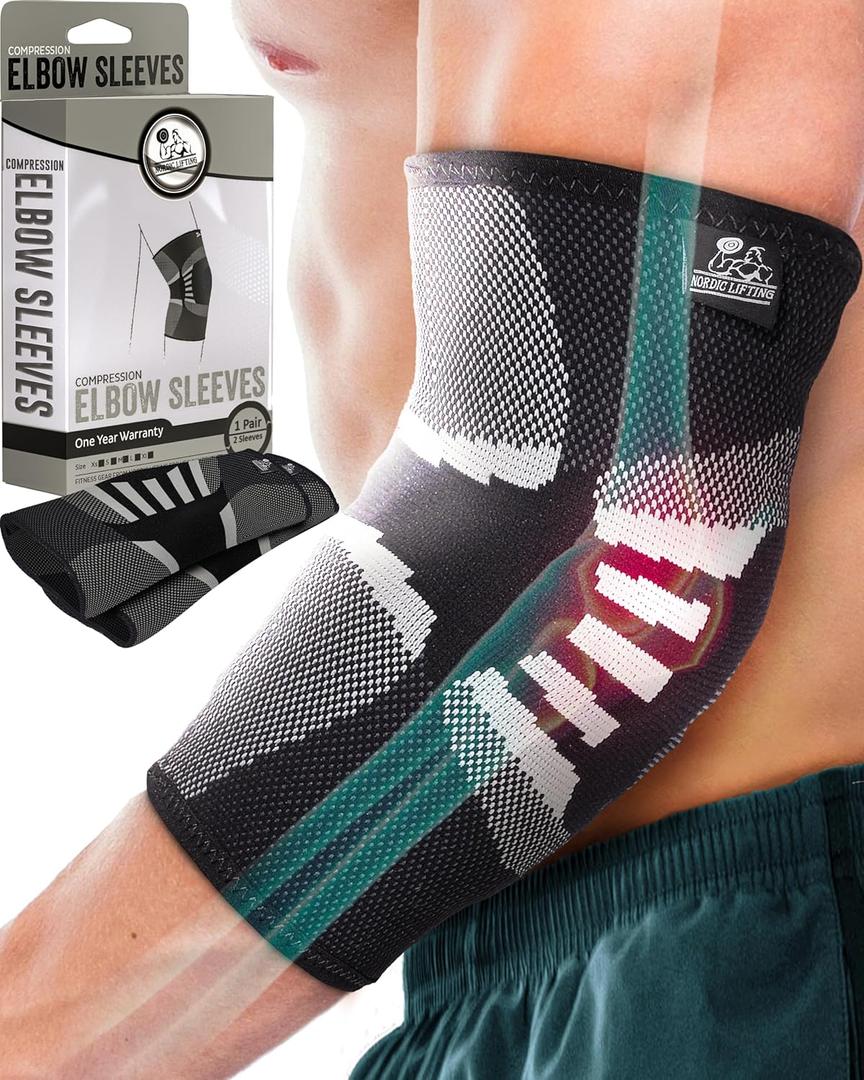 Nordic Lifting Elbow Compression Sleeves (1 Pair) for Men & Women - Support for Pain Relief, Tendonitis, Golfers & Tennis Elbow - Weightlifting Brace for Workout, Arm & Joint Recovery (Large, Grey)