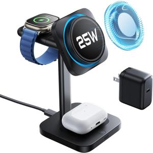 ESR for 3 in 1 Charging Station, Qi2.2 Certified 25W MagSafe Charger Stand with CryoBoost, Phone-Cooling Fast Charging Station, for iPhone 17/16 with iOS 26, AirPods, Apple Watch, Black