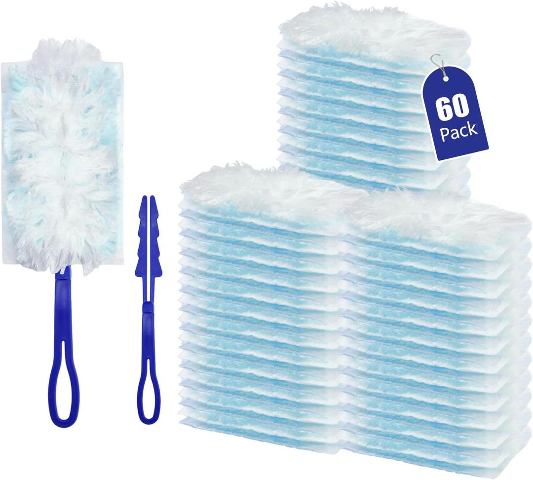 60 pcs 180 Duster Refills Compatible with Swiffer Dusters Handle,Disposable Heavy Duty Dusters Refills Multi Surface Dusting Brush with 2 Handle