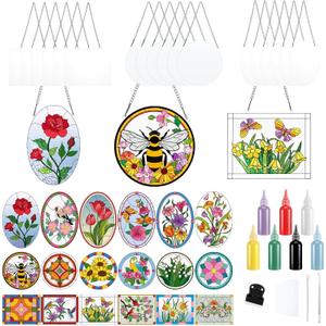 Humyoun 65 Pcs Stained Glass Painting Starter Kit for Adults DIY Window Paint Art Crafts Including 7 Colors 18 Suncatchers 18 Patterns 18 Chains and 4 Tool for Home Activities DIY Project Party