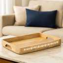 Mela Artisans Wooden Serving Tray with Handles | 15x10x1.75 inch | Mango Wood Decorative Tray | Ottoman Tray | Snacks | Desserts | Breads | Coffee Table | Bedroom | Rounded Edge Design