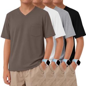 4 Pack Boys' Short Sleeve T-Shirts V Neck | Boys' V Neck T-Shirts, Short Sleeve, Summer, Pocket, Loose Fit Tops, Kids Casual, Solid, Basic Tees, 5-14 Years