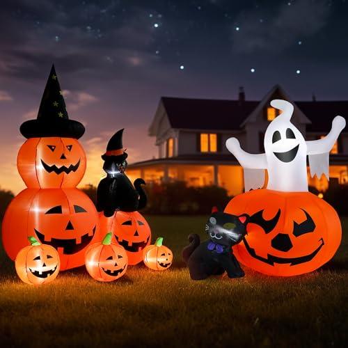 8FT Halloween Inflatable Decorations Spooky Ghost Pumpkin and 5 FT Halloween Inflatables Spooky Pumpkin and Witch' s Black Cat Combo Inflatable Decor, Halloween Blow Up Yard Decorations Clearance