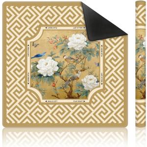 Yellow Chinoiserie Floral Bird Mahjong Mat 31.5 x 31.5 Inch, Traditional Chinese Print Peony Non-Slip Noise Reduction Mahjong Table Mat for American Mah Jong Poker Card Board Games Dominoes