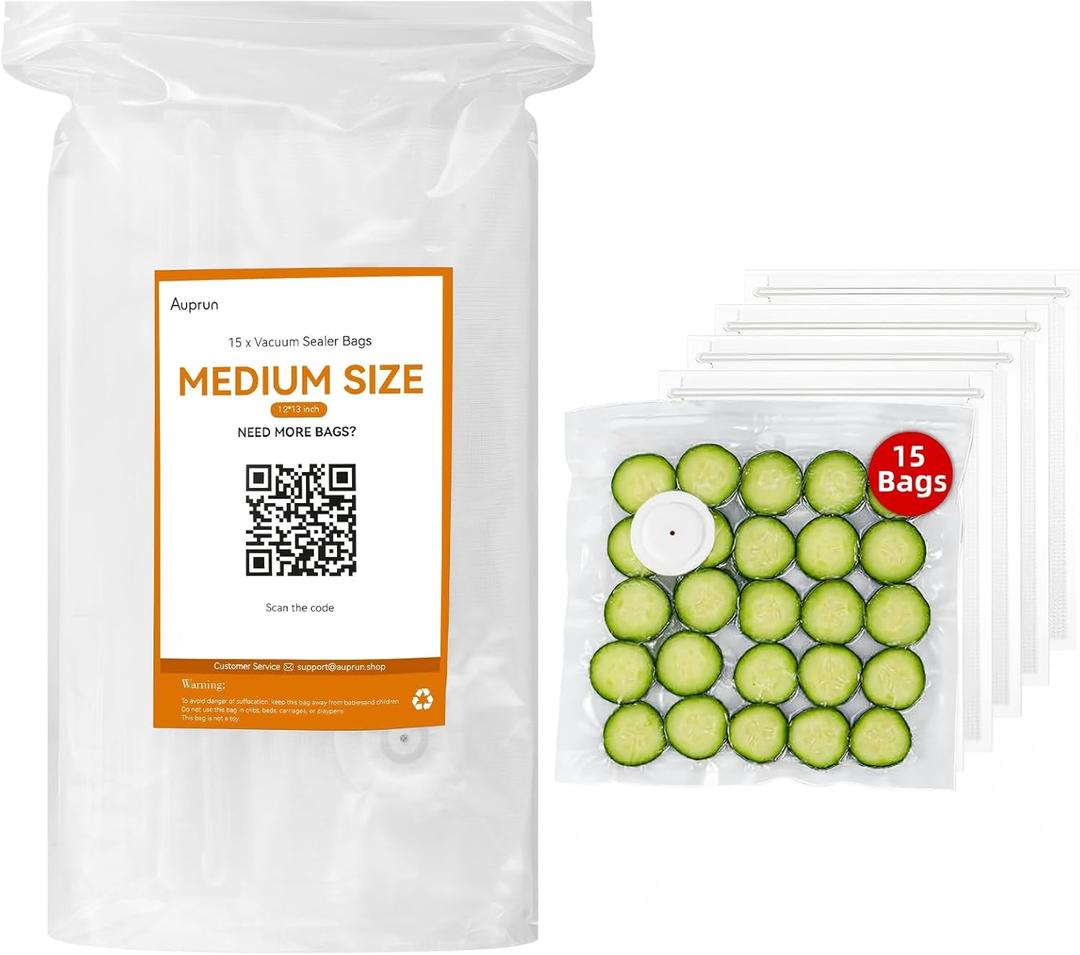 15 Pcs 12x13 Reusable Vacuum Sealer Freezer Bags with Air Valve for Food Storage and Preservation, for Leftover Save, Meal Prep, Sous Vide Cook, Outdoor BBQ. BPA Free, Dishwasher Safe Microwavable