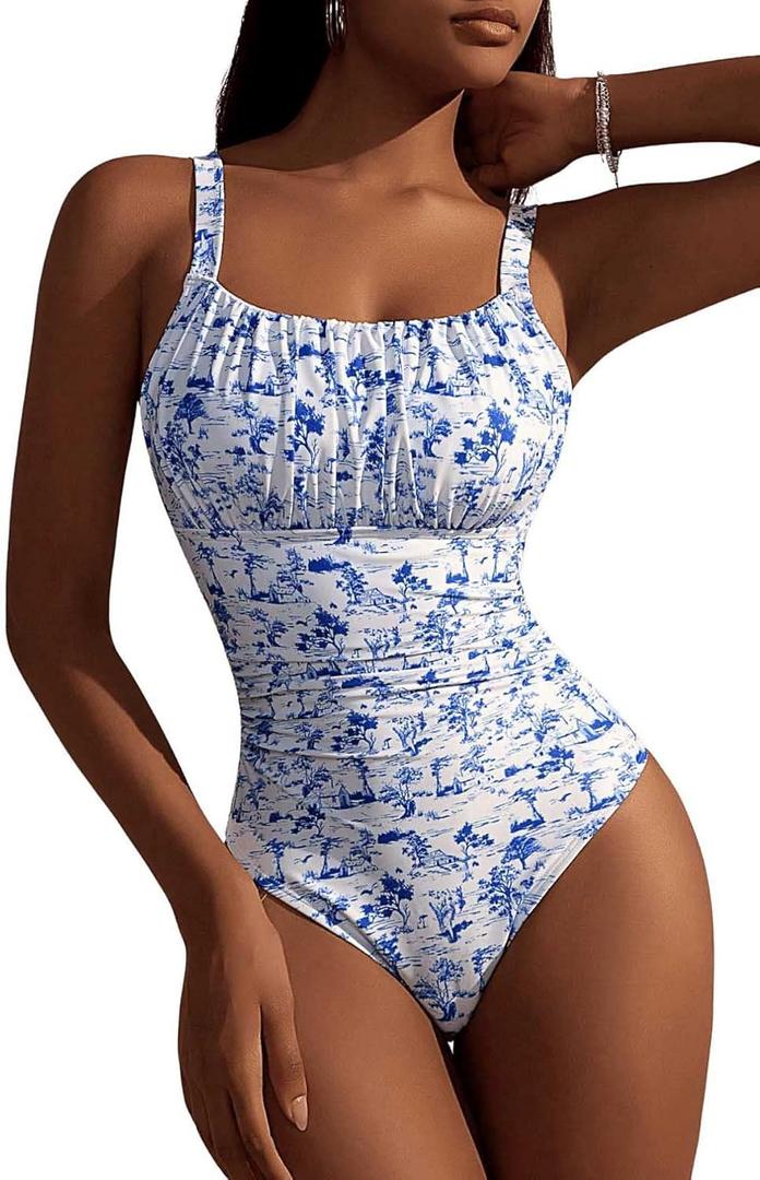 Milumia Women's One Piece Swimsuit Square Neck Ruched Bust Printed Monokini Bathing Suit Blue and White Large