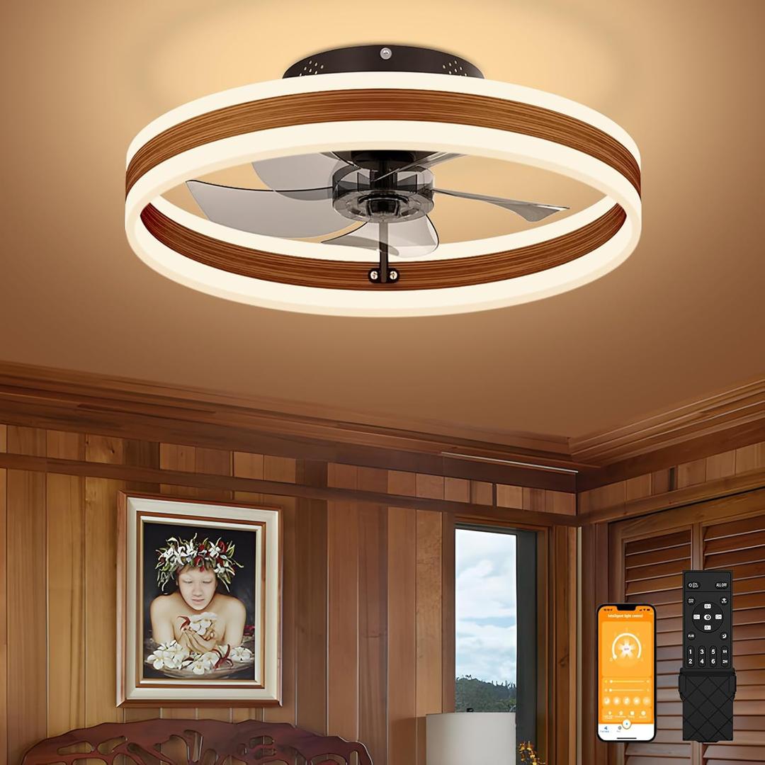 VOLISUN Fandelier Ceiling Fans with Lights and Remote, 15.7in Farmhouse Ceiling Fan Flush Mount, 3000K-6500K Dimmable Bladeless Ceiling Fan with Light, Modern Ceiling Fans with Lights for Bedroom (Walnut)