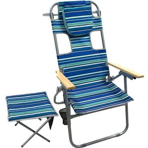 16" Heavy Duty Tall Beach Chair 17LBS with Camping Stool for Adults, Folding High Beach Chair with Face Hole Stripe