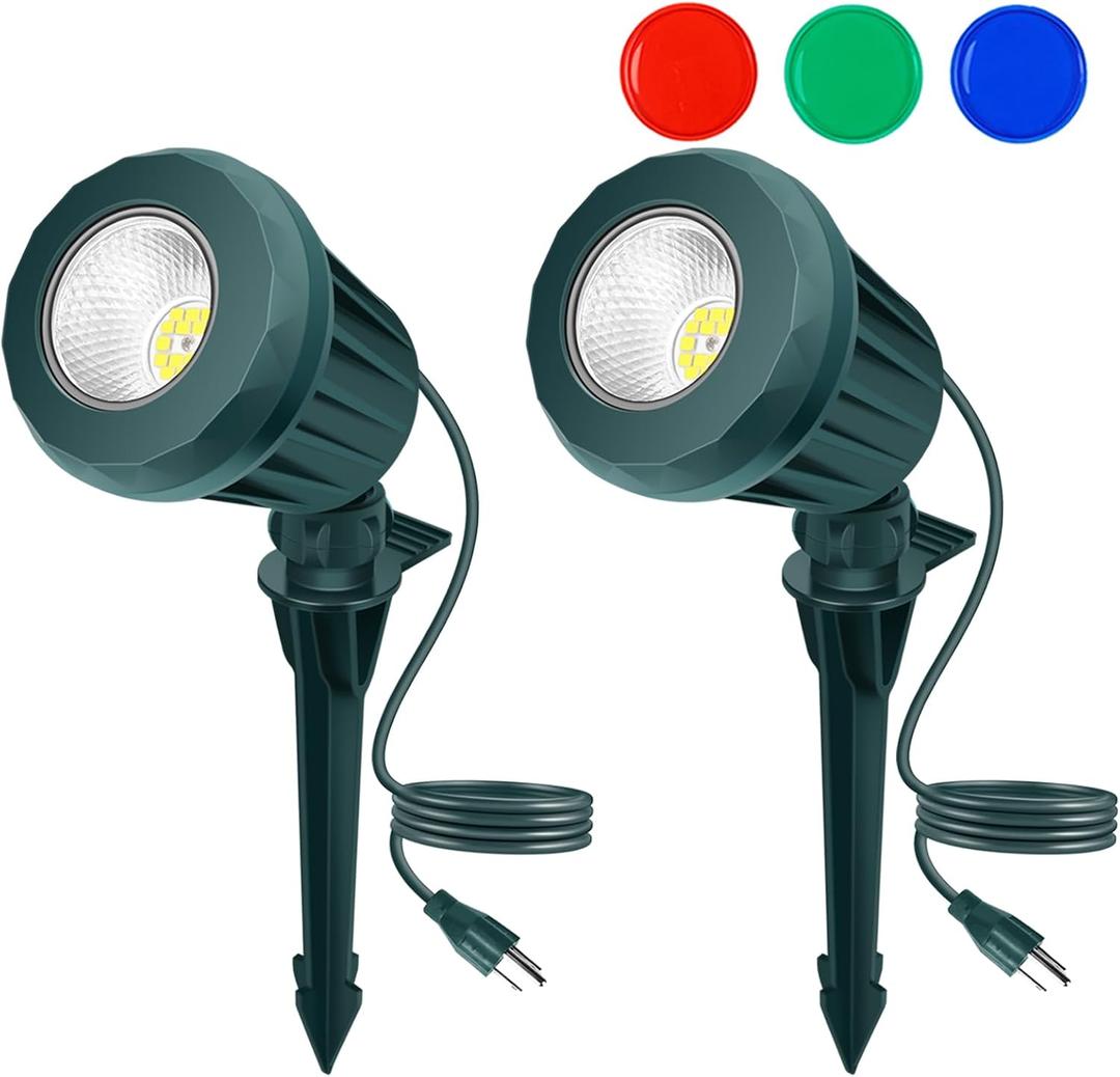 Spotlight Outdoor  120V Plug-in, 2700K Warm White LED Landscape Spot Lights with RGB 3 Lenses for Yard, Garden, Lawn&Tree Decor, IP67 Waterproof, Perfect for Holidays&Everyday (2 Pack, Green)