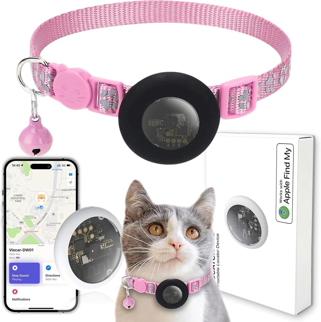 GPS Tracker for Cats, Mini GPS Pet Tracker with Collar, IPX8 Waterproof Cat Trackers Collar,No Monthly Fee,Work with Apple Find My(iOS Only),Smart Trackers for Pets-Pink-4