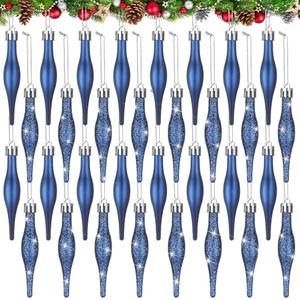 Halloscume 32 Pcs 3.54 Inches Blue Finial Drop Christmas Ornaments Vintage Christmas Ornaments Matte Glitter Xmas Hanging Decor for Tree Decoration Holiday Decor