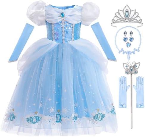 iTVTi Girls Princess Dress Kids Halloween Carnival Party Cosplay Costume Toddler Puffy Sleeve Blue Fancy Outfit, 4-5T (Tag 120)