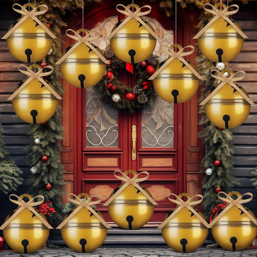 Seematn 11 Pcs 11.8 Inch Large Inflatable Christmas Bell Ornaments Outdoor Decorations Fun Bell Balls Inflatable Christmas Ornaments with Bows for Holiday Porch Lawn Yard Tree Hanging Decoration