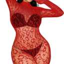 Sexy Lace Leopard Jumpsuit For Women, Fishnet Bodysuit Glow Party Club, Poster One Piece Mesh Full Body Rave Outfits (Red), M