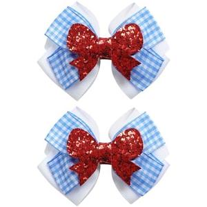 2PC Blue White Gingham Hair Bow Clips 3.5 Inch Checker Pigtail Bows Wizard Hair Accessories