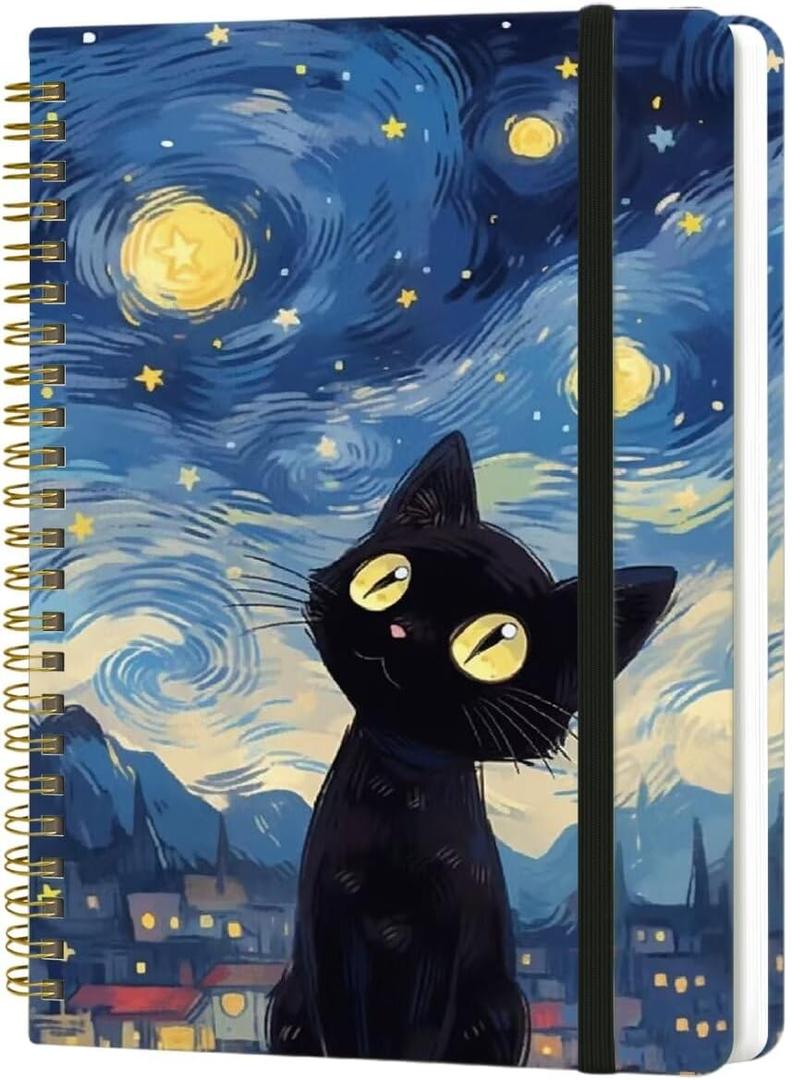 Spiral Notebook - A5 Spiral Notebooks, 8.3''  5.8'', 160 Pages, Aesthetic Journaling Notebooks for Women, College Lined Notebook with Elastic Closure, Back Pocket, for School Office, Cat Sky