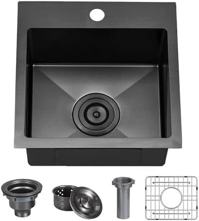 Hotis Black Drop In Bar Sink, 15x15 Small Kitchen Sink Single Bowl, Stainless Steel Black Sinks for Outdoor Wet Bar Prep RV Yard Office Laundry Utility with Strainer Drain and Bottom Grid