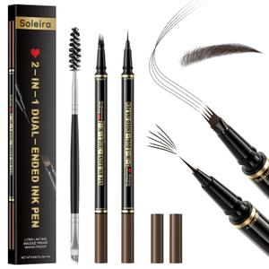 Waterproof Eyebrow Pencil with 4 Tip Microblading Pen and Dual-ended Brush, for Natural-Looking Brows, Long-Lasting, Black Brown