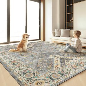 Boho Vintage Area Rug, 4x6 Washable Retro Bohemian Moroccan Accent Neutral Large Rugs, Ultra Thin Low Pile Lightweight Indoor Nonshedding Nonslip Floor Carpet for Living Room Bedroom Kidsroom Office (Grey / Beige)