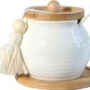 Sugar Bowl with Lid and Spoon,White Ceramic Sugar Container With Bamboo Lid and Tray,Dia 3.4'' H 4''|12oz
