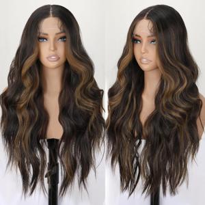 13x4 Lace Front Wig Dark Brown Highlight Ombre Blonde Pre Plucked Hairline with Baby Hairs Glueless Long Wavy Synthetic Wig Heat Resistant for Daily Wear and Parties 26 inch