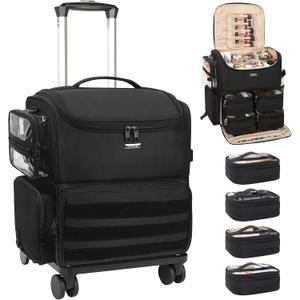 Relavel Rolling Makeup Train Case, Cosmetology Case on Wheels with 4 Clear Bags, Professional Makeup Artist Set Bags Cosmetic Storage Organizer with Adjustable Dividers, 360 Spinner Wheels, Black
