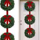 Artificial Christmas Wreath 63" Christmas Three Wreaths with 3 Red Velvet Bow Ribbon Front Door Decoration Wall Hanging Decoration for Xmas Party Home(Classic)