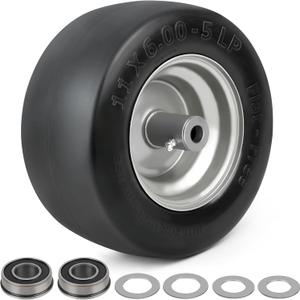 LotFancy 11x6.00-5 Flat Free Lawn Mower Tire and Wheel, 3/4" or 5/8" Bushings, 5 7/8" Centered Hub, Smooth Tread Tire for Zero Turn Mowers