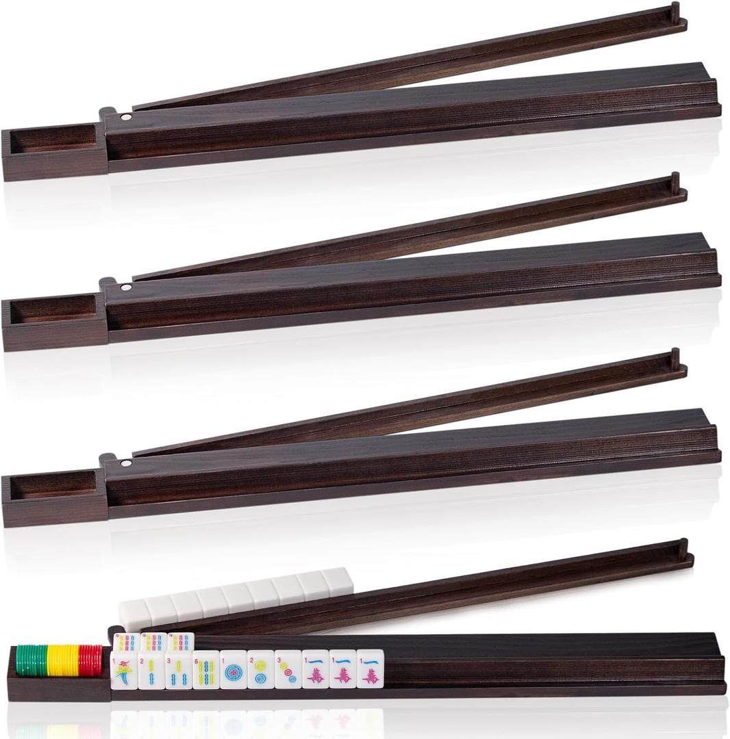 4PCS Mahjong Racks,21 Inches All-in-One Wooden Mahjong Racks with Pushers for Mahjong, Mexican Train,Dominoes,Includes Magnetic Chip Box (21-in)