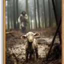 Framed Christians decor Jesus and Lamb Canvas Wall Art Jesus Running After Lost Lamb Picture Canvas Print Decor Christian wall art 14X18 Inches A-334