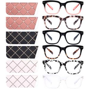 6 Pack Fashion Reading Glasses for Women Men Blue Light Blocking Oversized Square Readers with Spring Hinge