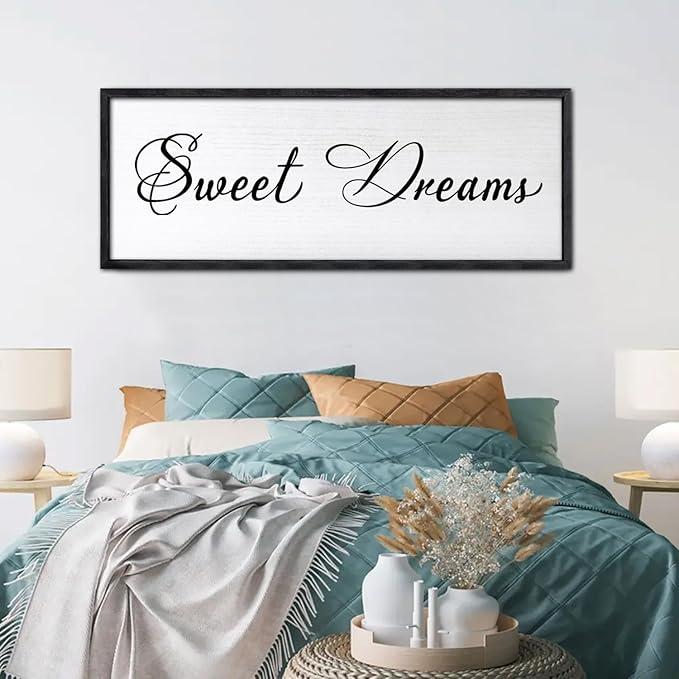 Sweet Dreams Wall Decor Above Bed 40x15 Inch Large Master Bedroom Hanging Wood Rustic Framed Farmhouse Sweet Dreams Sign Guest Room Aesthetic And Minimalist Over Bed Wall Art（Black）