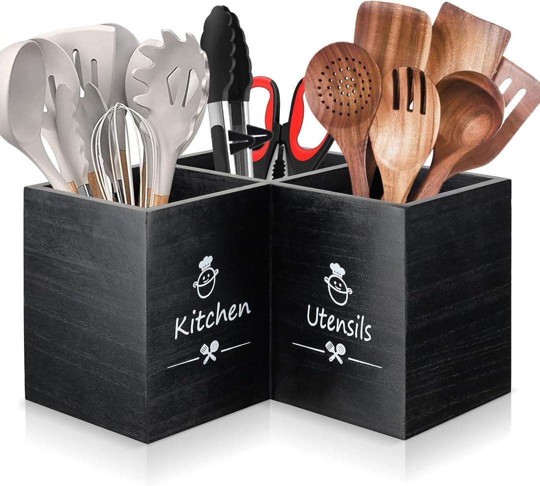 Wooden Kitchen Utensils Holder with 3 Compartments, Large Wooden Large Utensil Caddy Organizer for Counter, Utensil Organizer for Kitchen Countertop, Cooking Utensil Crock for Silverware Spoon Spatula