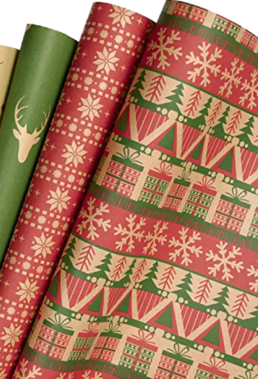 LaRibbons Christmas Wrapping Paper Set, Holiday Gift Wrap with Classic Deer/Red White Plaid/Berries Design, Perfect for Season Party, Xmas Presents & Decoration, 30 Inch X 10 Feet-4 Rolls
