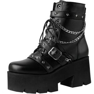LUXMAX Women Buckle Goth Chunky Platform Ankle Boots Lace Up High Heel Motorcycle Boots with Chain (13, Black)