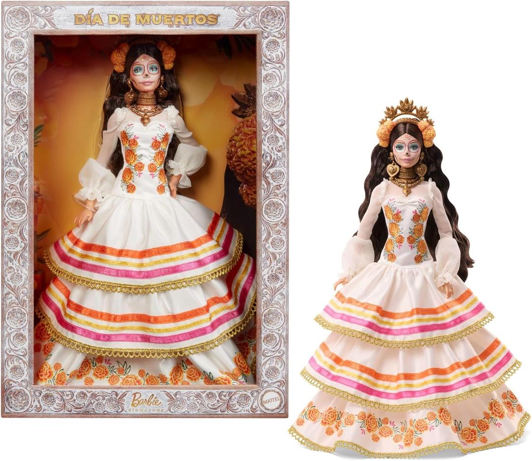 Barbie Signature Doll, Dia De Muertos 2025 Collectible in Ruffled Cream Gown Trimmed with Marigolds and Ribbon, Flower Crown and Calavera Face Paint