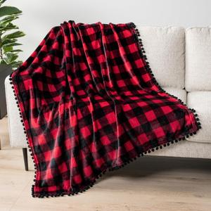 PAVILIA Black Red Fleece Throw Blanket for Couch with Pom Pom Fringe, Buffalo Checkered Plaid, Soft Cozy Fuzzy Flannel Blanket for Sofa Bed, Lightweight Plush All Season Throw, 50x60 Inches